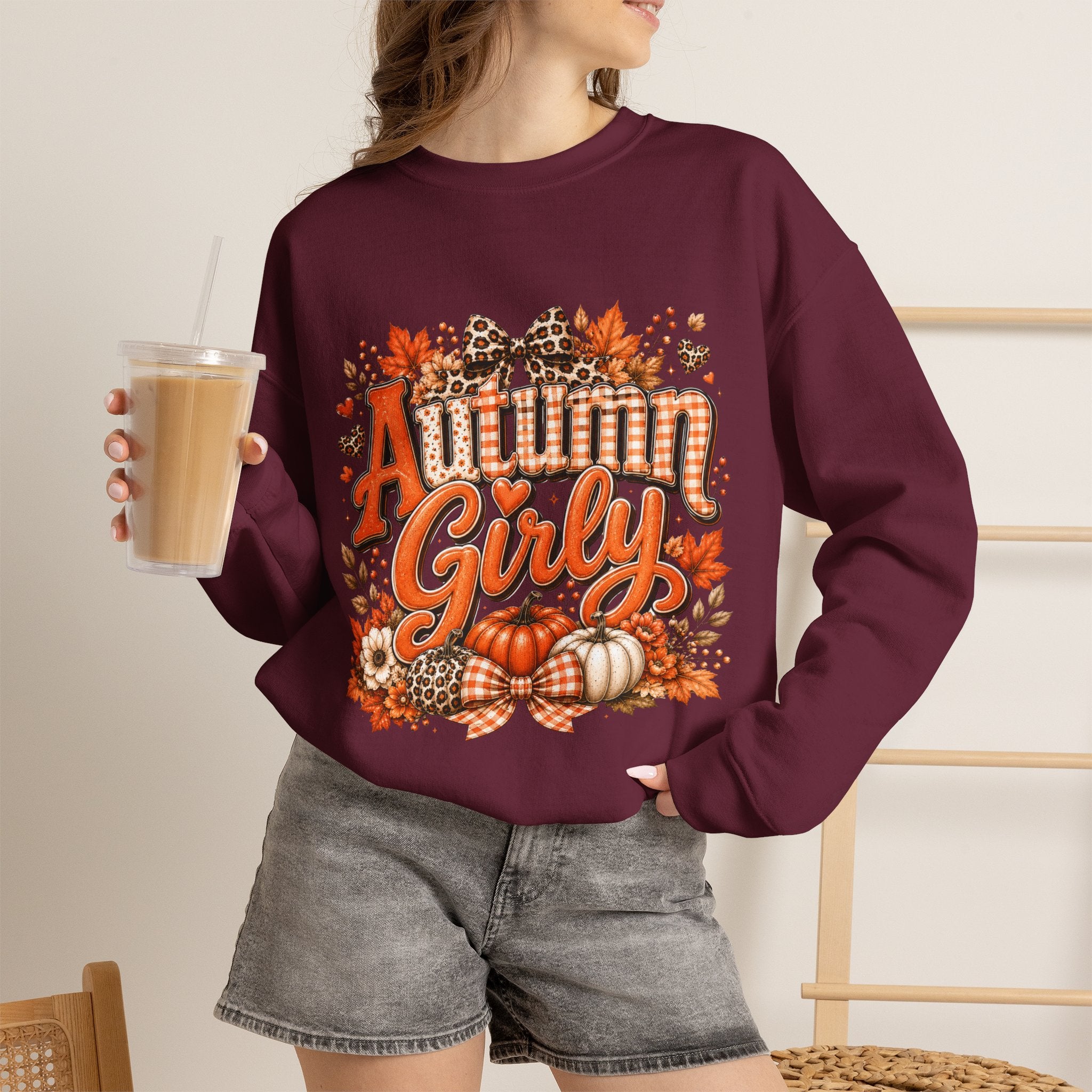 Autumn Girly Sweatshirt - Cozy Fall Pumpkin & Leaves Crewneck