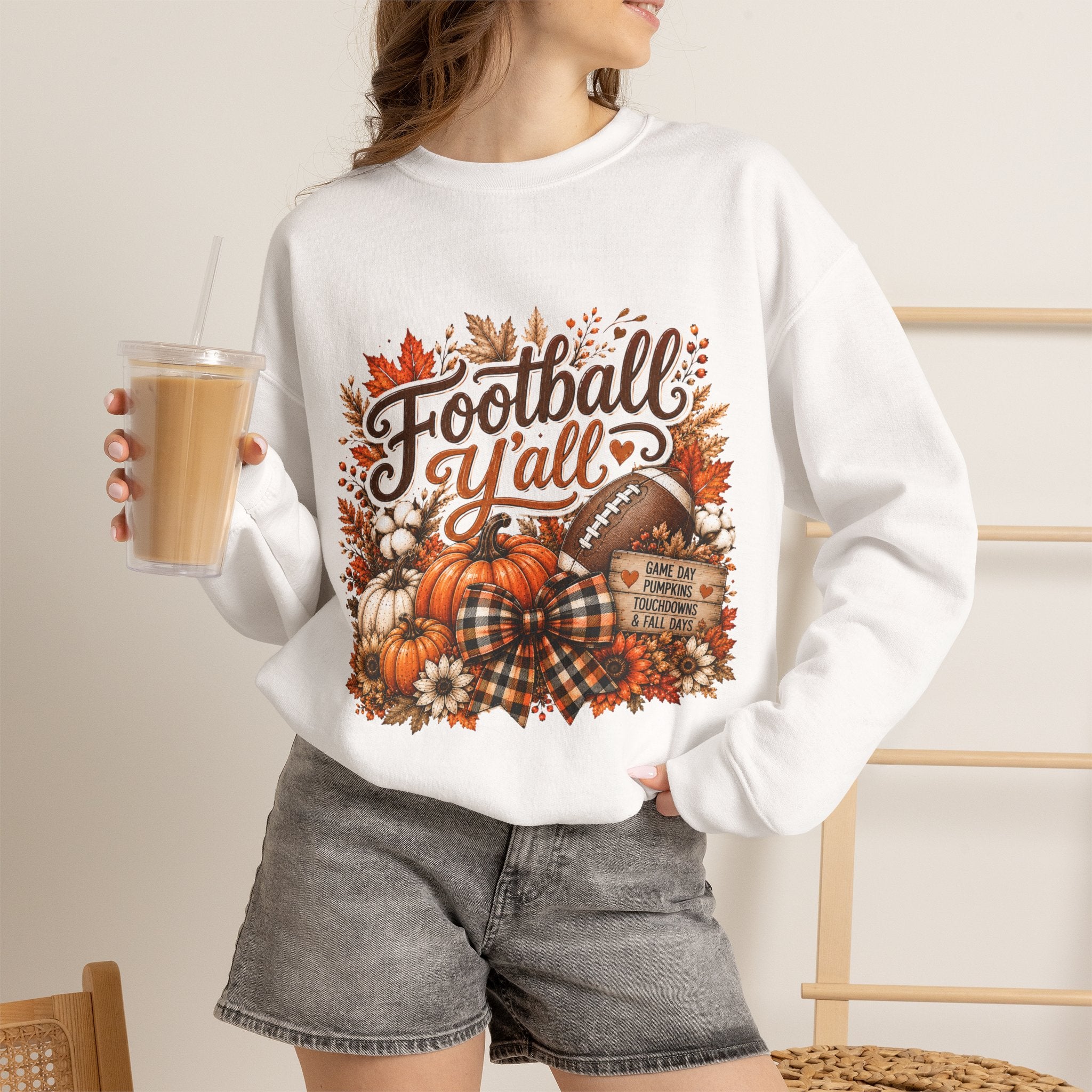 Football Y'all Sweatshirt — Fall Pumpkin & Plaid Game Day Crewneck